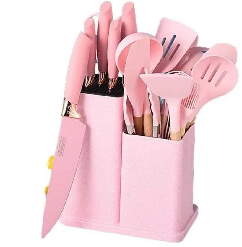 19-Piece Silicone Kitchen Utensil & Gadget Set with Wooden Handles + Organizer Bucket & Cutting Board