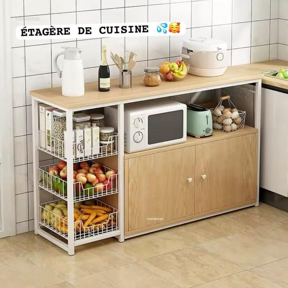 3-Tier Adjustable Kitchen Storage Rack – Heavy-Duty Microwave Oven Stand with Hooks & Shelves for Pots, Pans, Spice Jars, Utensils & Appliances (5)