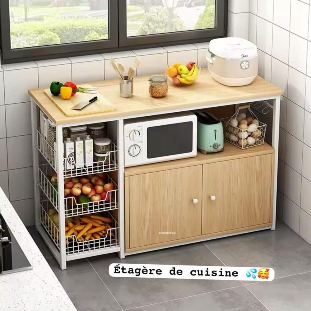 3-Tier Adjustable Kitchen Storage Rack – Heavy-Duty Microwave Oven Stand with Hooks & Shelves for Pots, Pans, Spice Jars, Utensils & Appliances