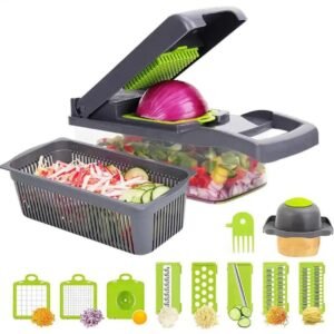 ABsuper 12-in-1 Vegetable Chopper – Multifunctional Manual Food Dicer & Slicer with Stainless Steel Blades, Container & Safety Handle – Ideal for Salad, Onions, Fruits & More