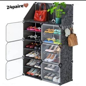 NiHome 24-Pair Shoe Organizer Cabinet with Doors and Top Shelf – Stackable, Expandable, Free-Standing Plastic Shoe Rack for Entryway, Closet, Garage, or Bedroom