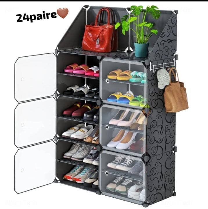 NiHome 24-Pair Shoe Organizer Cabinet with Doors and Top Shelf – Stackable, Expandable, Free-Standing Plastic Shoe Rack for Entryway, Closet, Garage, or Bedroom