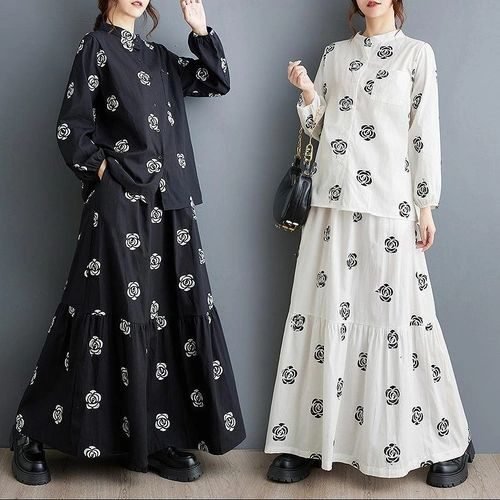 Black Cotton Two-Piece Set Stand Collar & Print Patchwork (Fall Edition) (3)