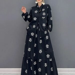 Black Cotton Two-Piece Set Stand Collar & Print Patchwork (Fall Edition)