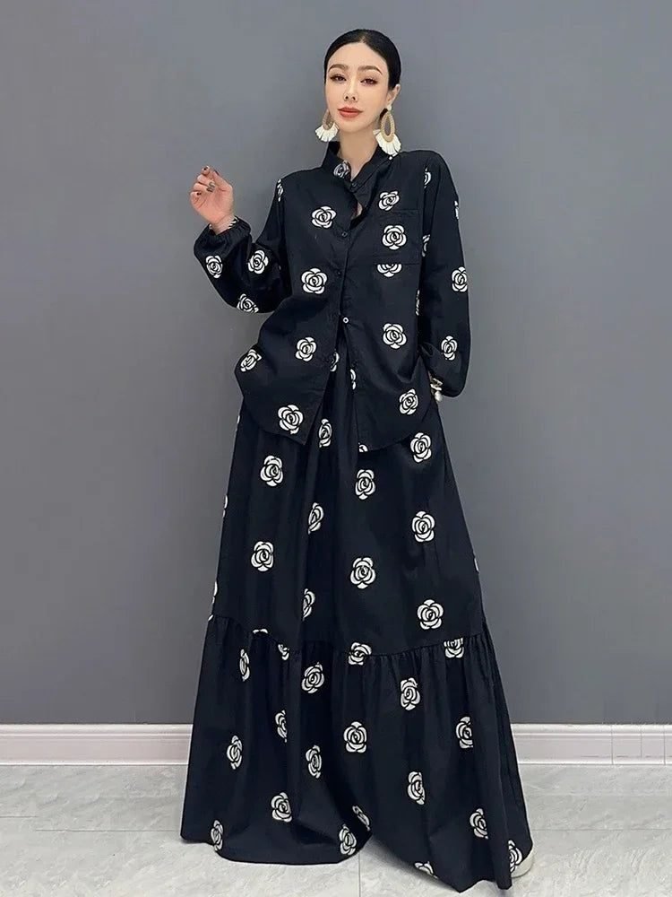 Black Cotton Two-Piece Set Stand Collar & Print Patchwork (Fall Edition)