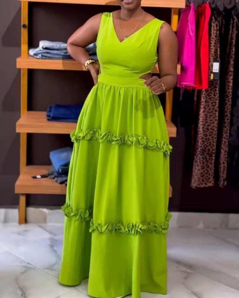 Elegant Ruffle Sleeve Midi Dress – Chummey Neck with Eyelet Detailing (2)